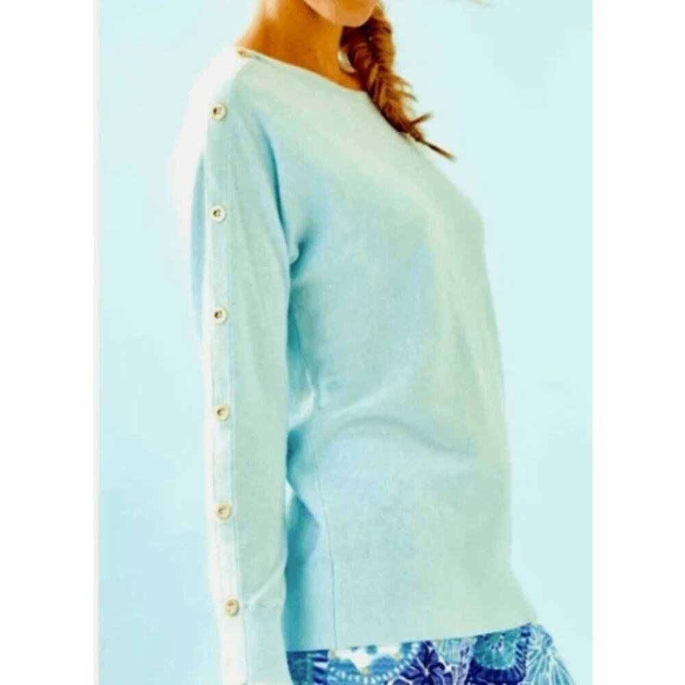 Lilly Pulitzer Women Medium Heather Blue Boatneck "Milton" Button Sleeve Sweater